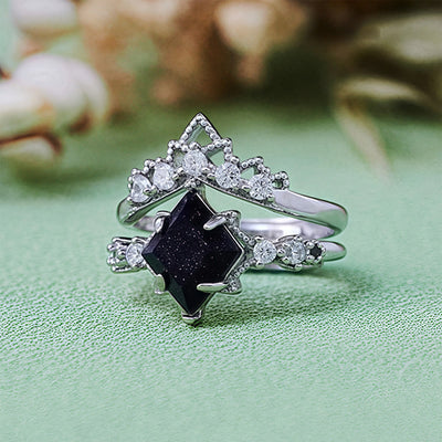 Olivenorma "Princess Crown" 2 Pcs Blue Sandstone Ring Set