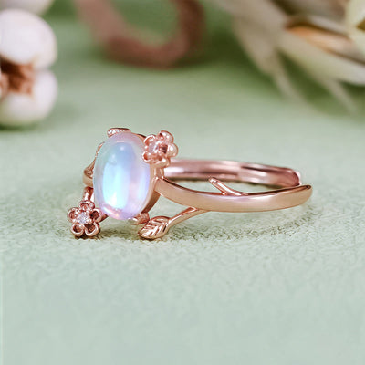 Olivenorma Oval Cut Moonstone Vine Flower Ring