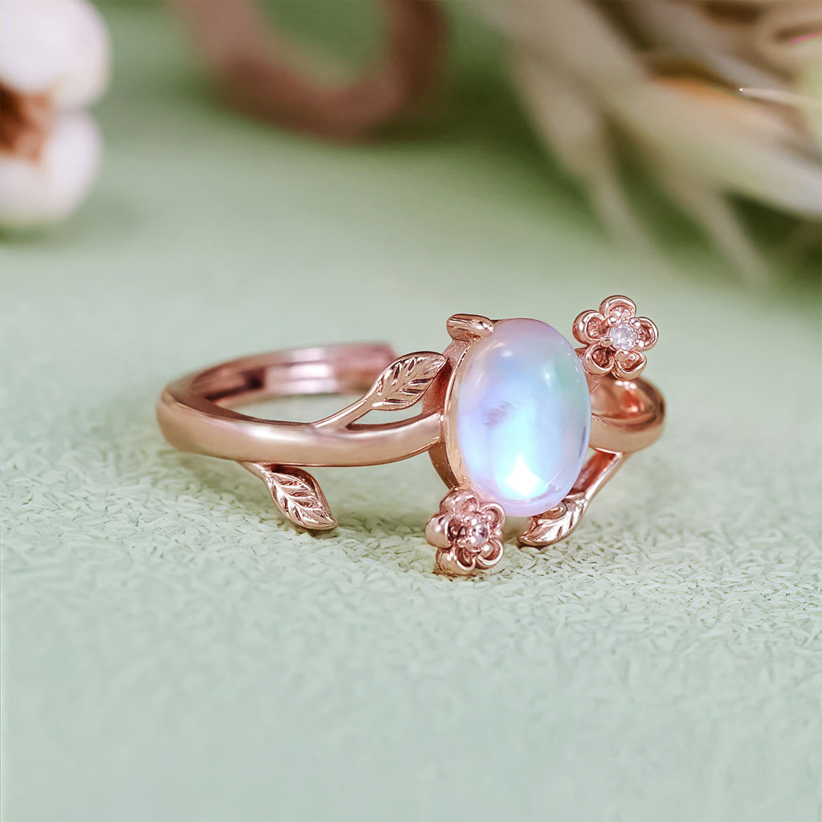 Olivenorma Oval Cut Moonstone Vine Flower Ring