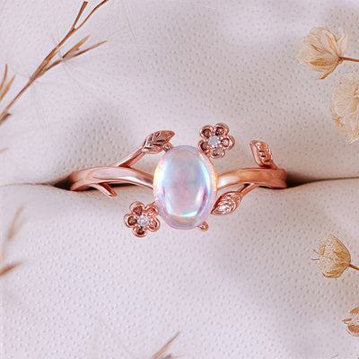 Olivenorma Oval Cut Moonstone Vine Flower Ring