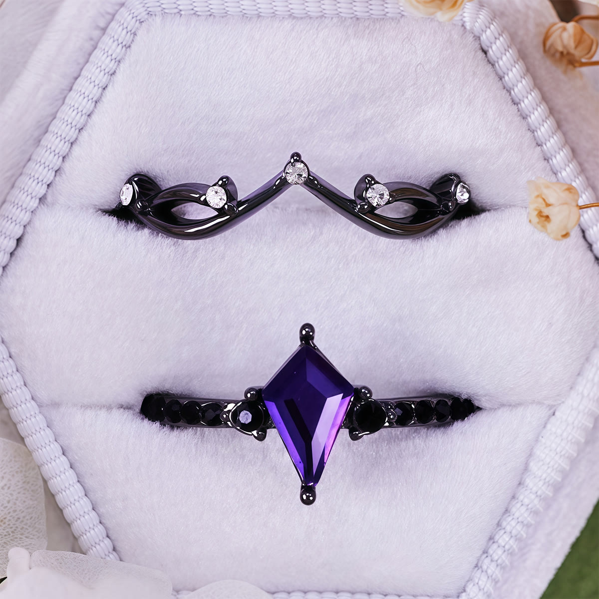 Olivenorma Midnight Amethyst Two Pieces Black Ring Set