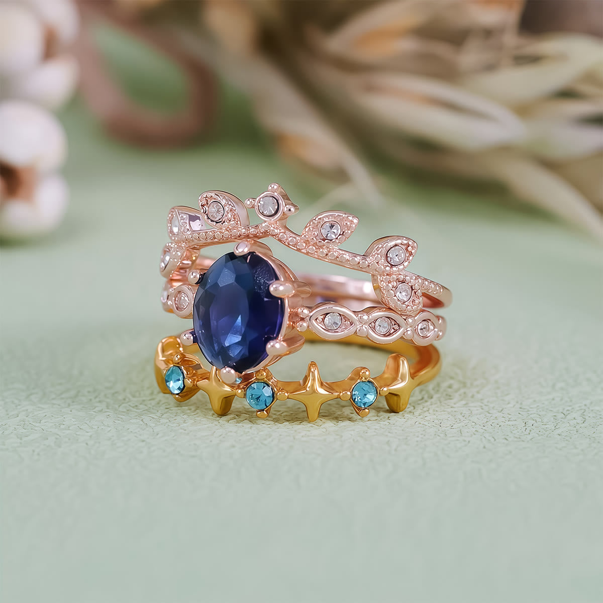 Olivenorma Moon Star Eternal Twilight Leaf 3 Pcs Ring Set