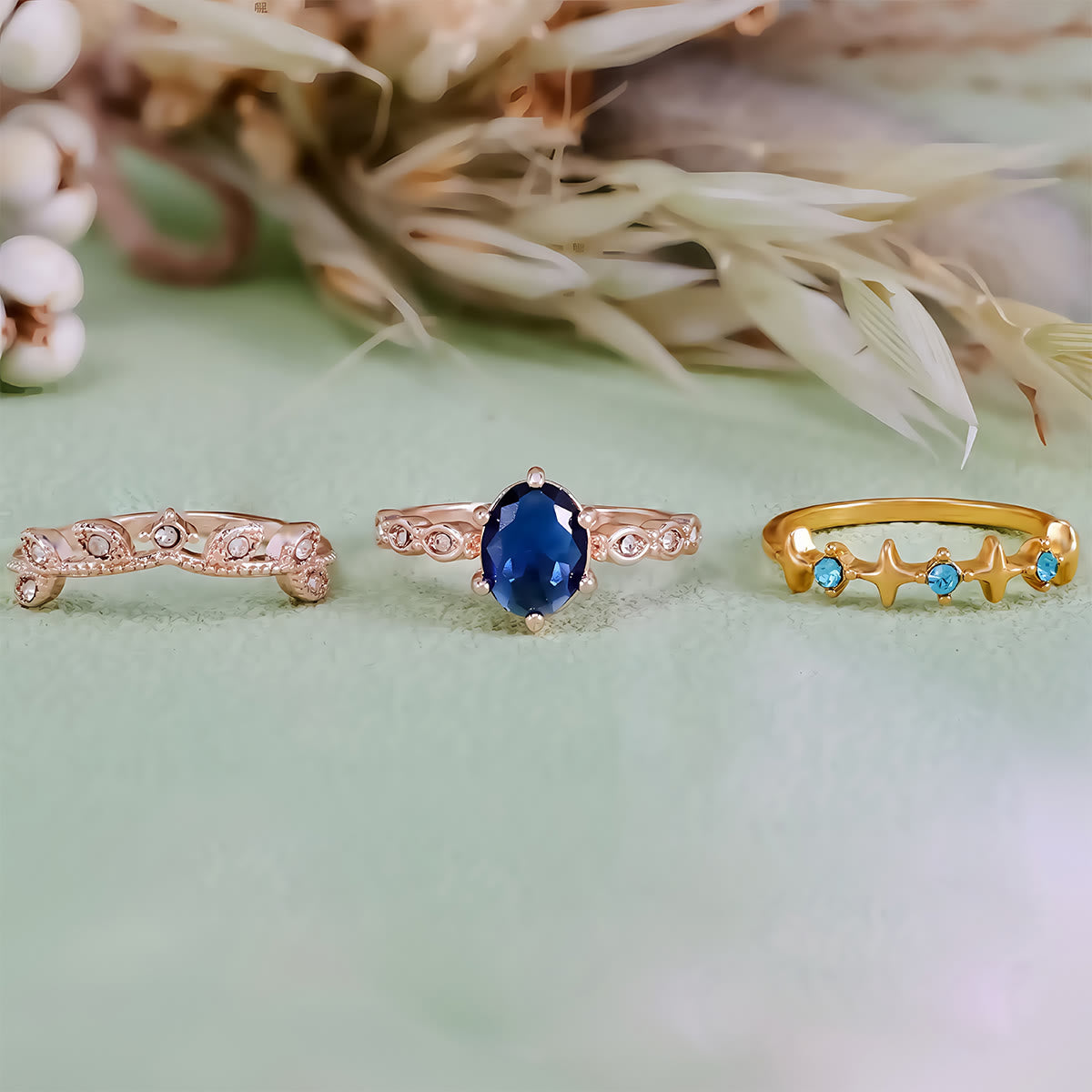 Olivenorma Moon Star Eternal Twilight Leaf 3 Pcs Ring Set