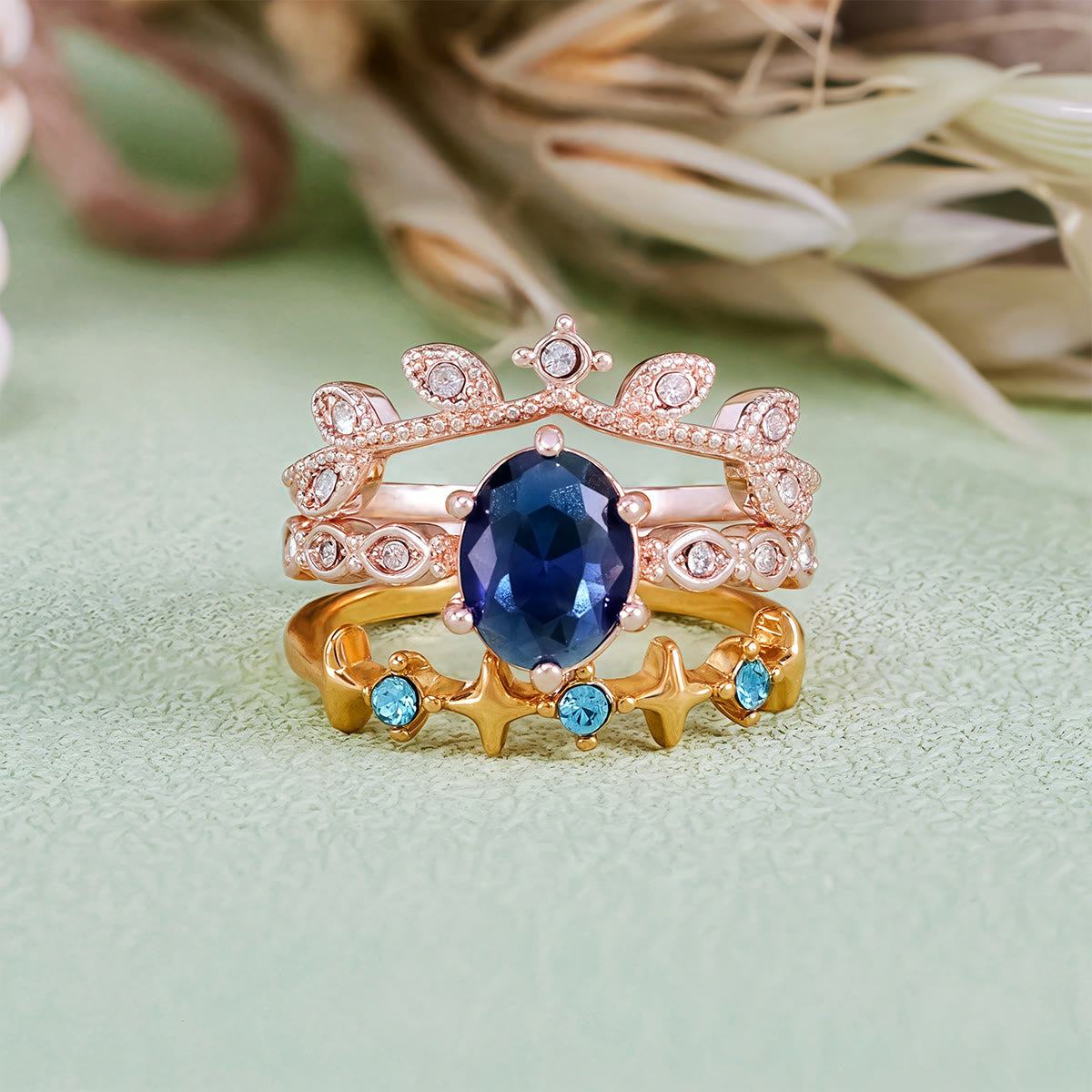 Olivenorma Moon Star Eternal Twilight Leaf 3 Pcs Ring Set