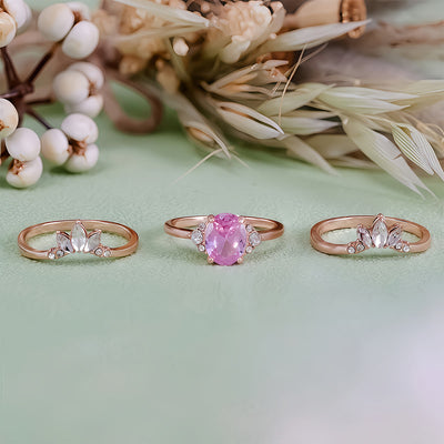 Olivenorma Pink Tourmaline Moissanite 3Pcs Ring Set