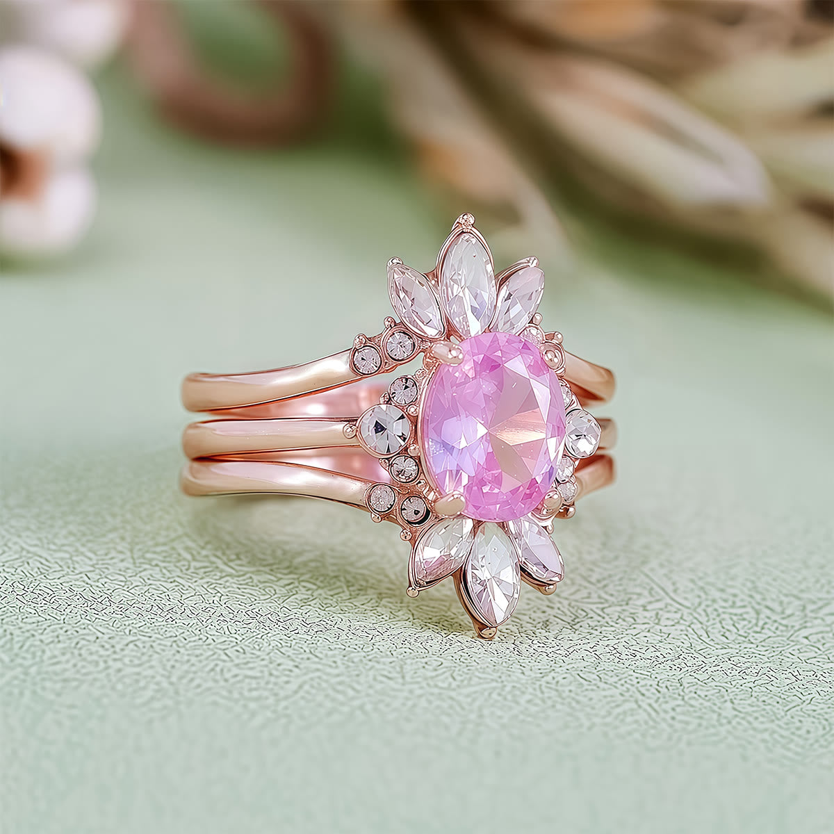Olivenorma Pink Tourmaline Moissanite 3Pcs Ring Set