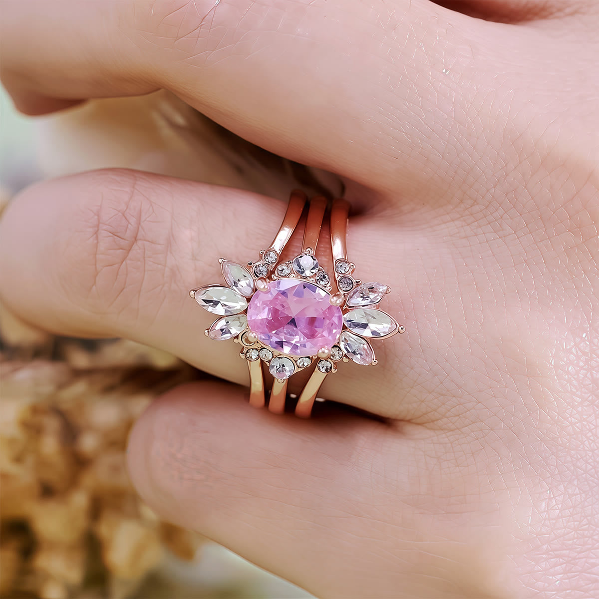 Olivenorma Pink Tourmaline Moissanite 3Pcs Ring Set
