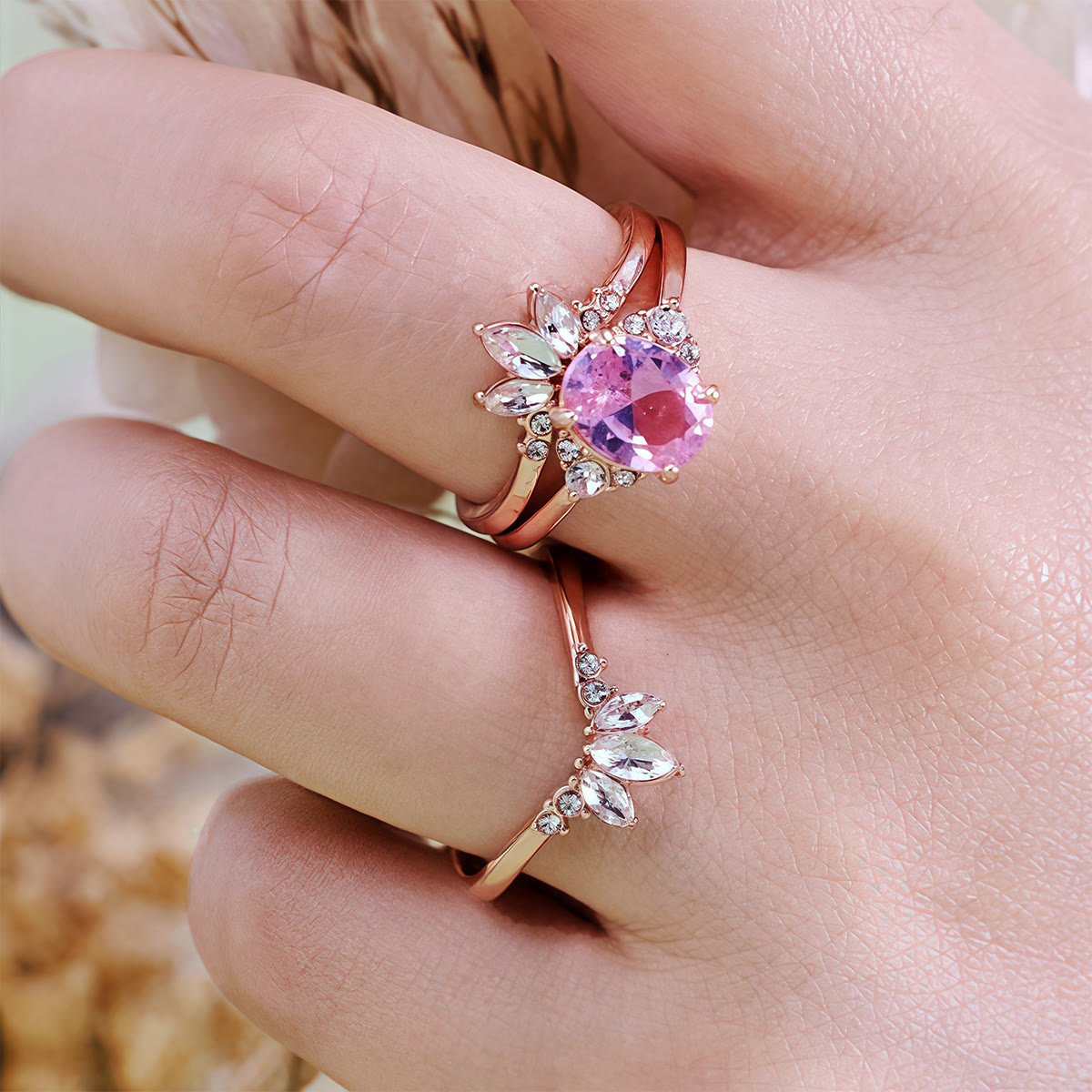 Olivenorma Pink Tourmaline Moissanite 3Pcs Ring Set