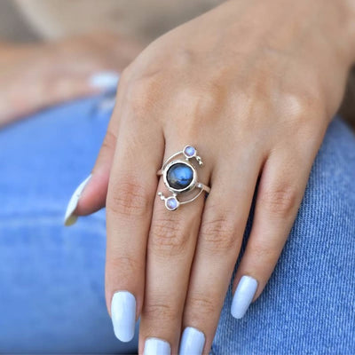 Olivenorma Natural Labradorite Satellite Wrap Design Alloy Ring