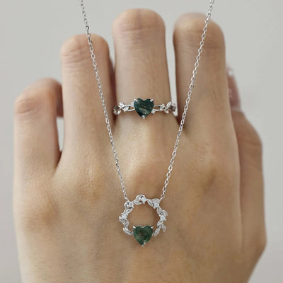 Olivenorma Heart Cut Moss Agate Earrings Necklace Ring