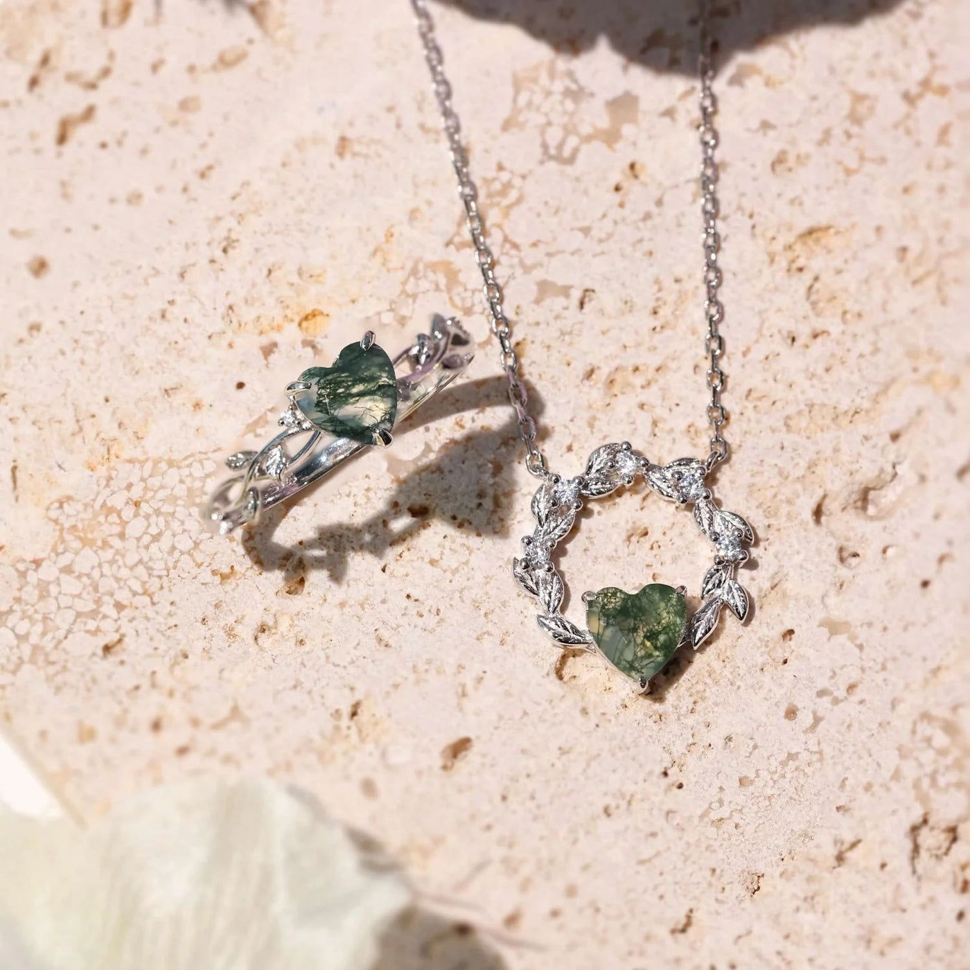Olivenorma Heart Cut Moss Agate Earrings Necklace Ring