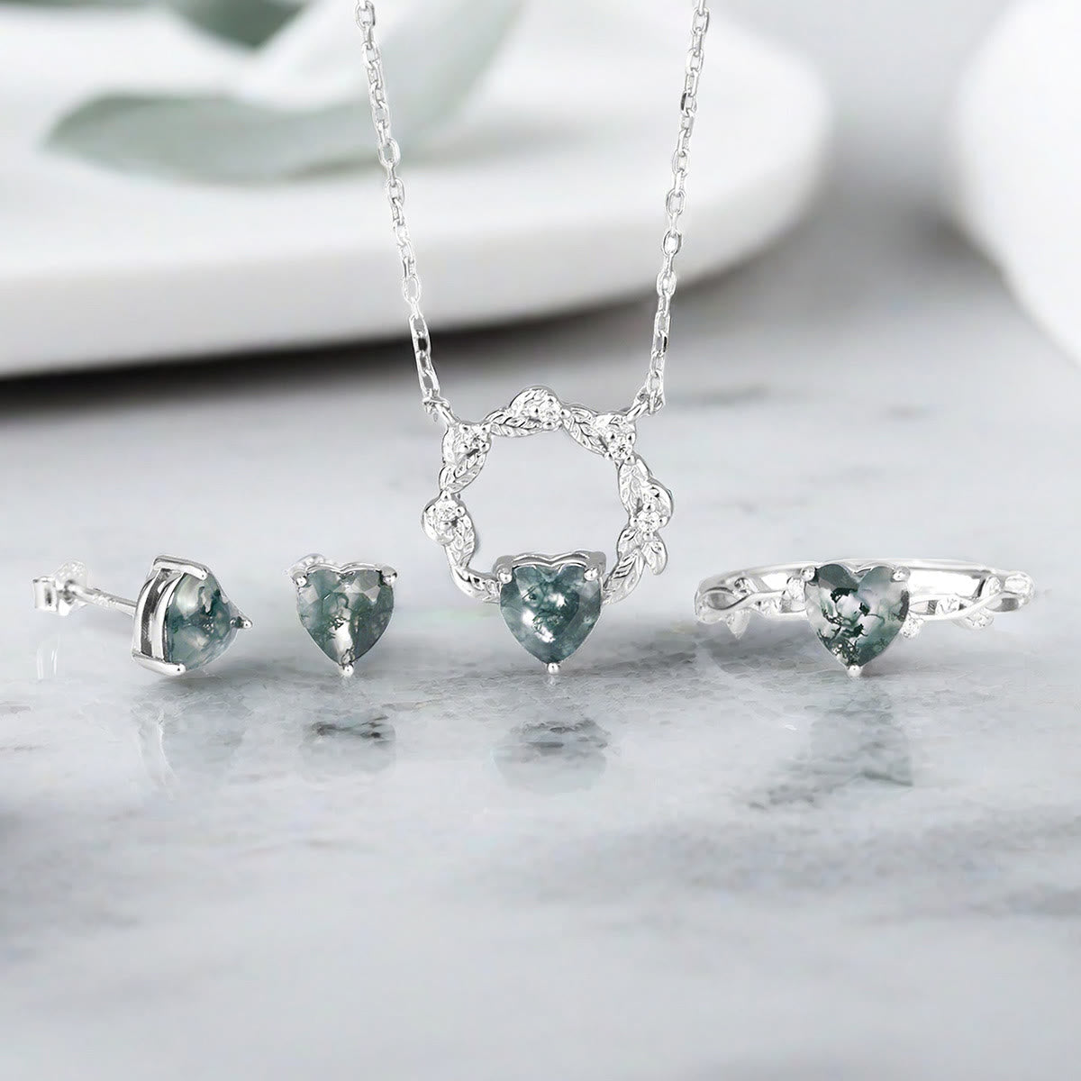 Olivenorma Heart Cut Moss Agate Earrings Necklace Ring