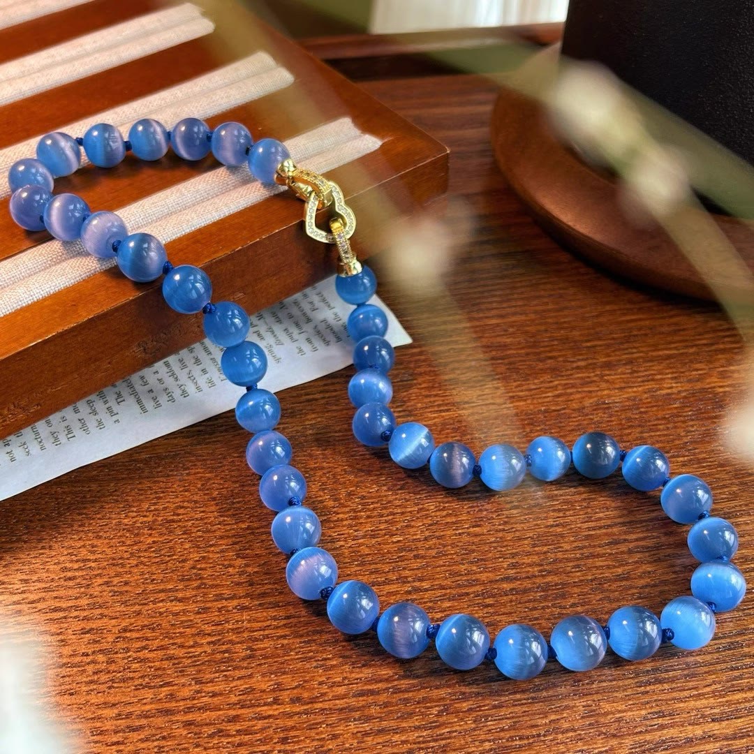 Olivenorma Blue Cat's Eye Stone Beaded Necklace