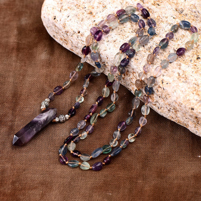 Olivenorma Fluorite Beaded Amethyst Hexagonal Pendant Necklace