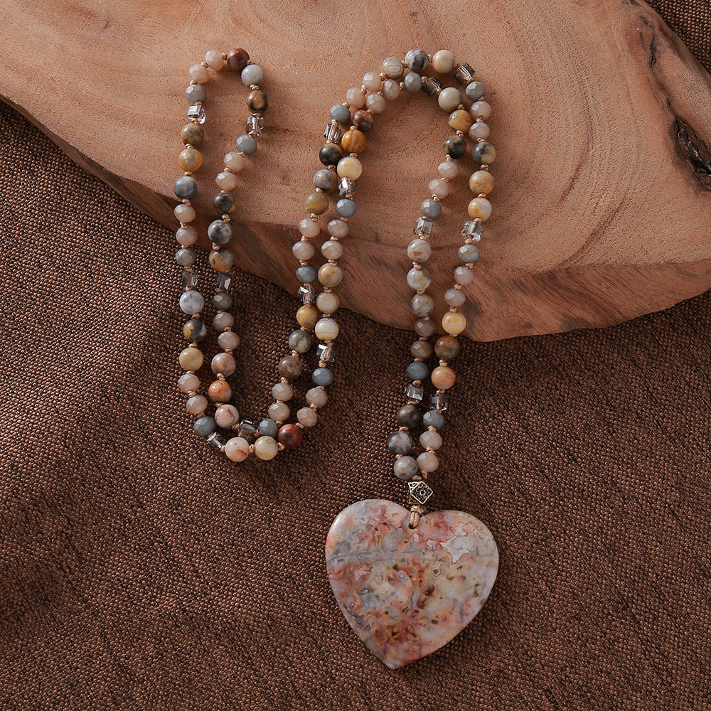 Olivenorma Heart Blue Ocean Stone Pendant Aquamarine Beads Necklace