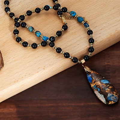Olivenorma Obsidian Beaded Blue Emperor Stone Pendant Necklace