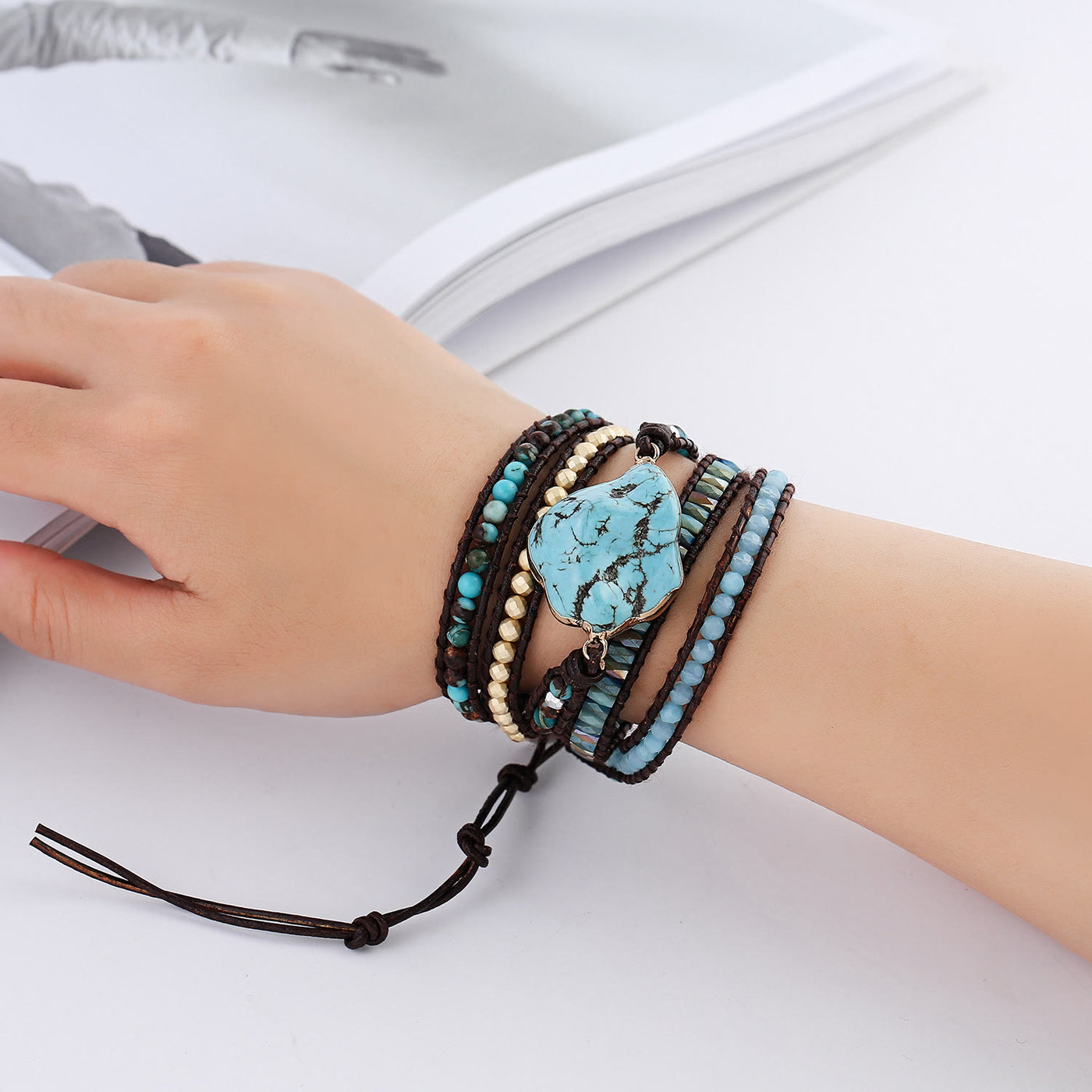 Olivenorma Irregular Turquoise Aquamarine Multi-Wrap Braided Bracelet