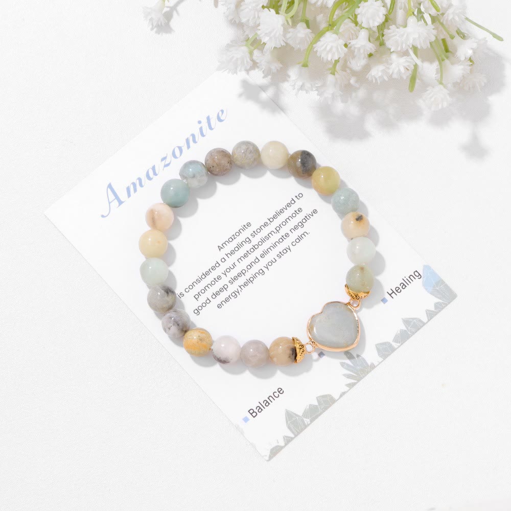 Olivenorma 8mm Natural Crystal Beads Heart Pendant Bracelet