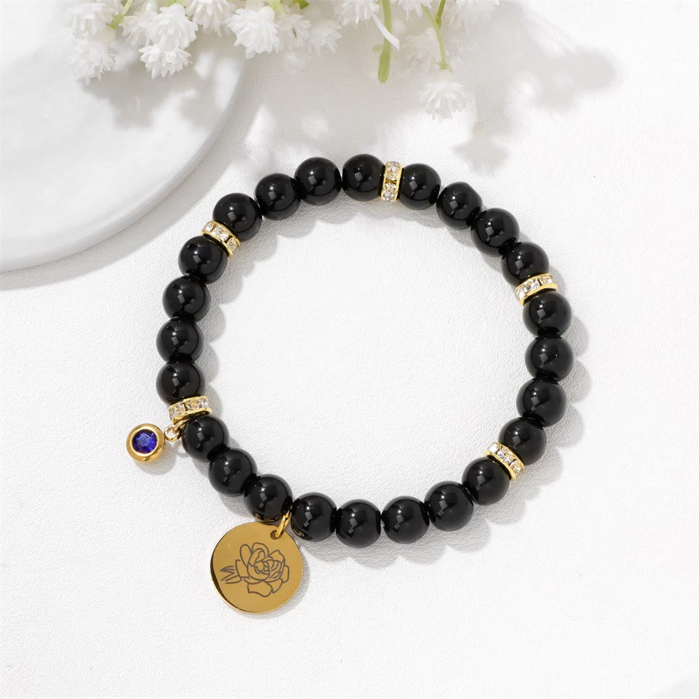 Olivenorma 8mm Obsidian Beads Birth Flower Bracelet