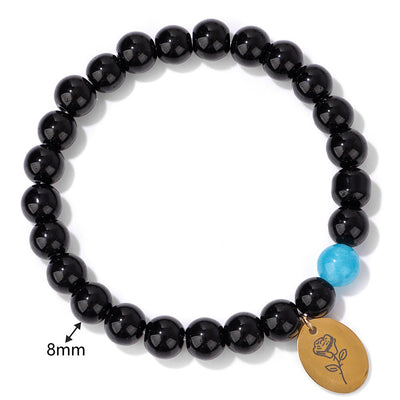 Olivenorma 8mm Obsidian Beaded Birth Flower Metal Bracelet