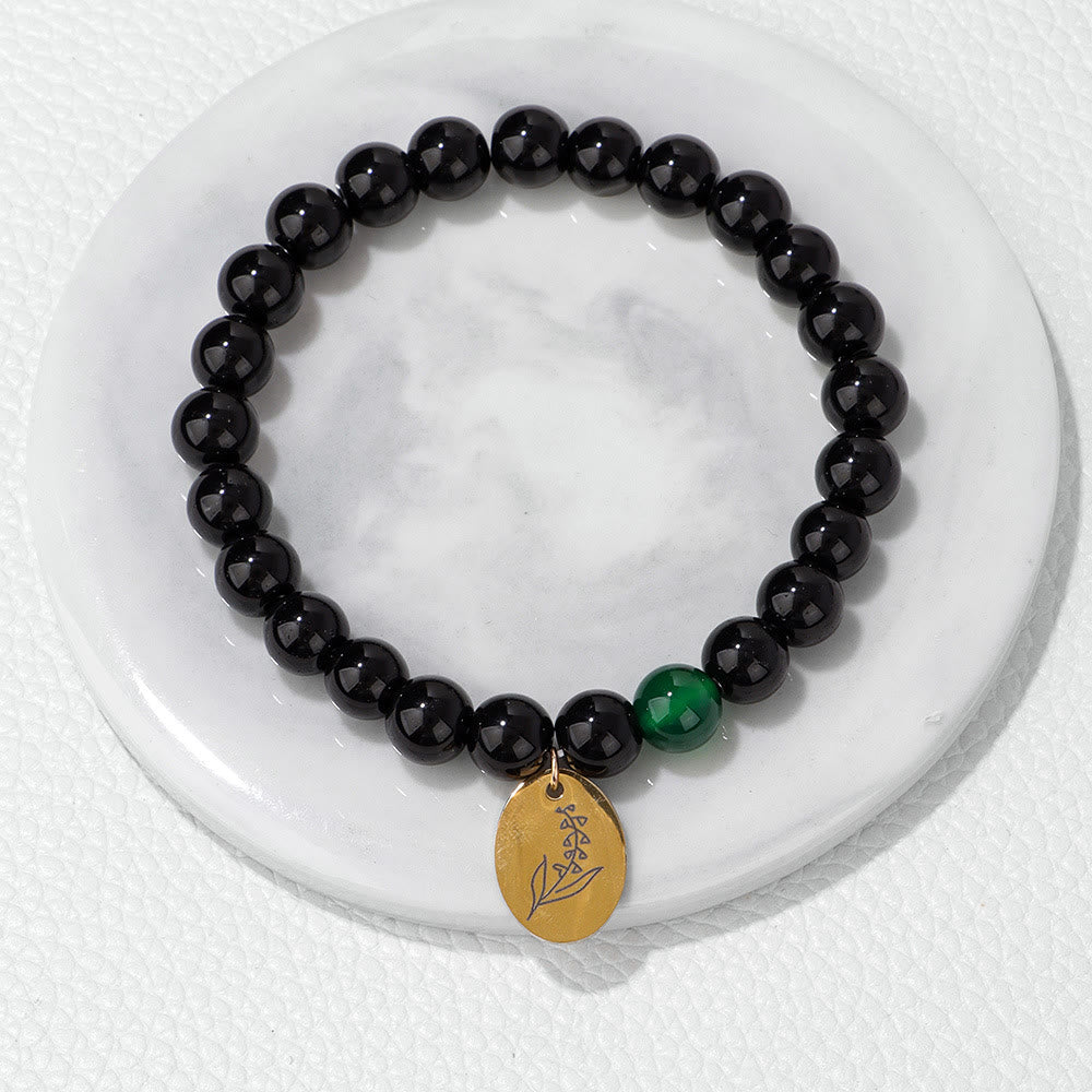 Olivenorma 8mm Obsidian Beaded Birth Flower Metal Bracelet