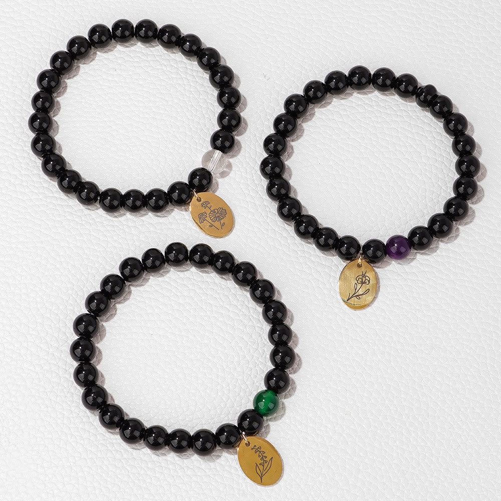 Olivenorma 8mm Obsidian Beaded Birth Flower Metal Bracelet
