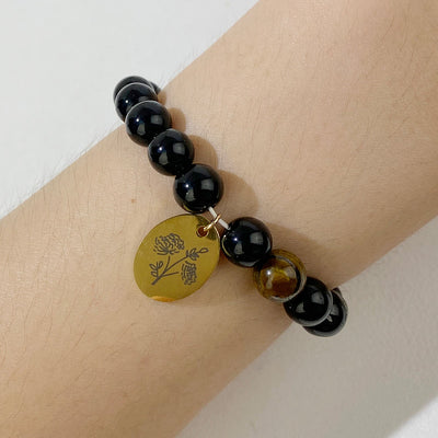 Olivenorma 8mm Obsidian Beaded Birth Flower Metal Bracelet