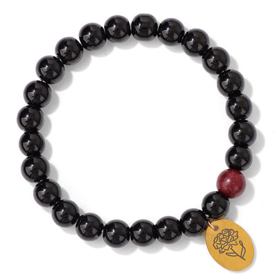 Olivenorma 8mm Obsidian Beaded Birth Flower Metal Bracelet