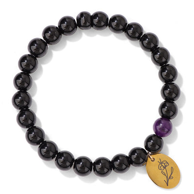 Olivenorma 8mm Obsidian Beaded Birth Flower Metal Bracelet