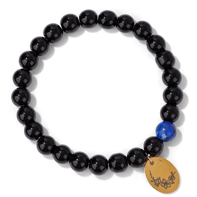 Olivenorma 8mm Obsidian Beaded Birth Flower Metal Bracelet