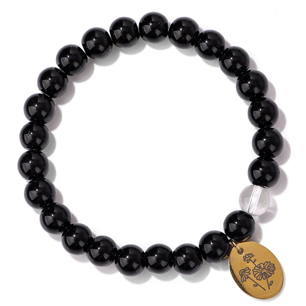 Olivenorma 8mm Obsidian Beaded Birth Flower Metal Bracelet