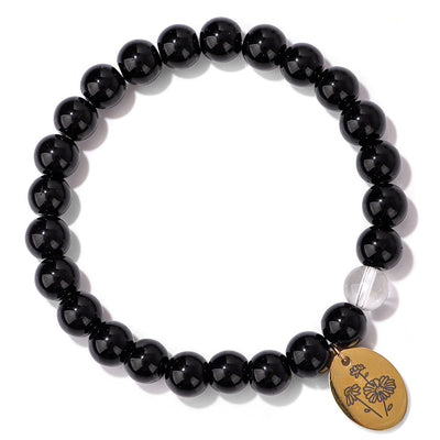 Olivenorma 8mm Obsidian Beaded Birth Flower Metal Bracelet