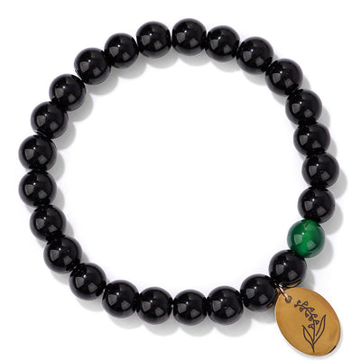Olivenorma 8mm Obsidian Beaded Birth Flower Metal Bracelet