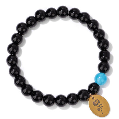 Olivenorma 8mm Obsidian Beaded Birth Flower Metal Bracelet