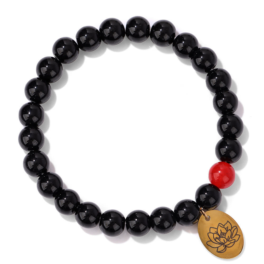 Olivenorma 8mm Obsidian Beaded Birth Flower Metal Bracelet