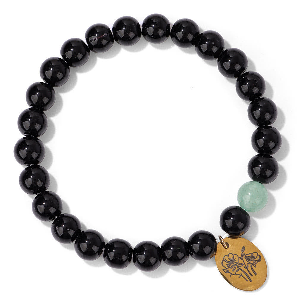 Olivenorma 8mm Obsidian Beaded Birth Flower Metal Bracelet
