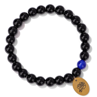 Olivenorma 8mm Obsidian Beaded Birth Flower Metal Bracelet