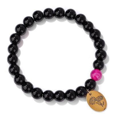 Olivenorma 8mm Obsidian Beaded Birth Flower Metal Bracelet