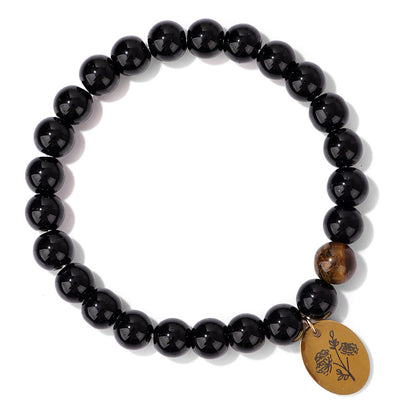 Olivenorma 8mm Obsidian Beaded Birth Flower Metal Bracelet