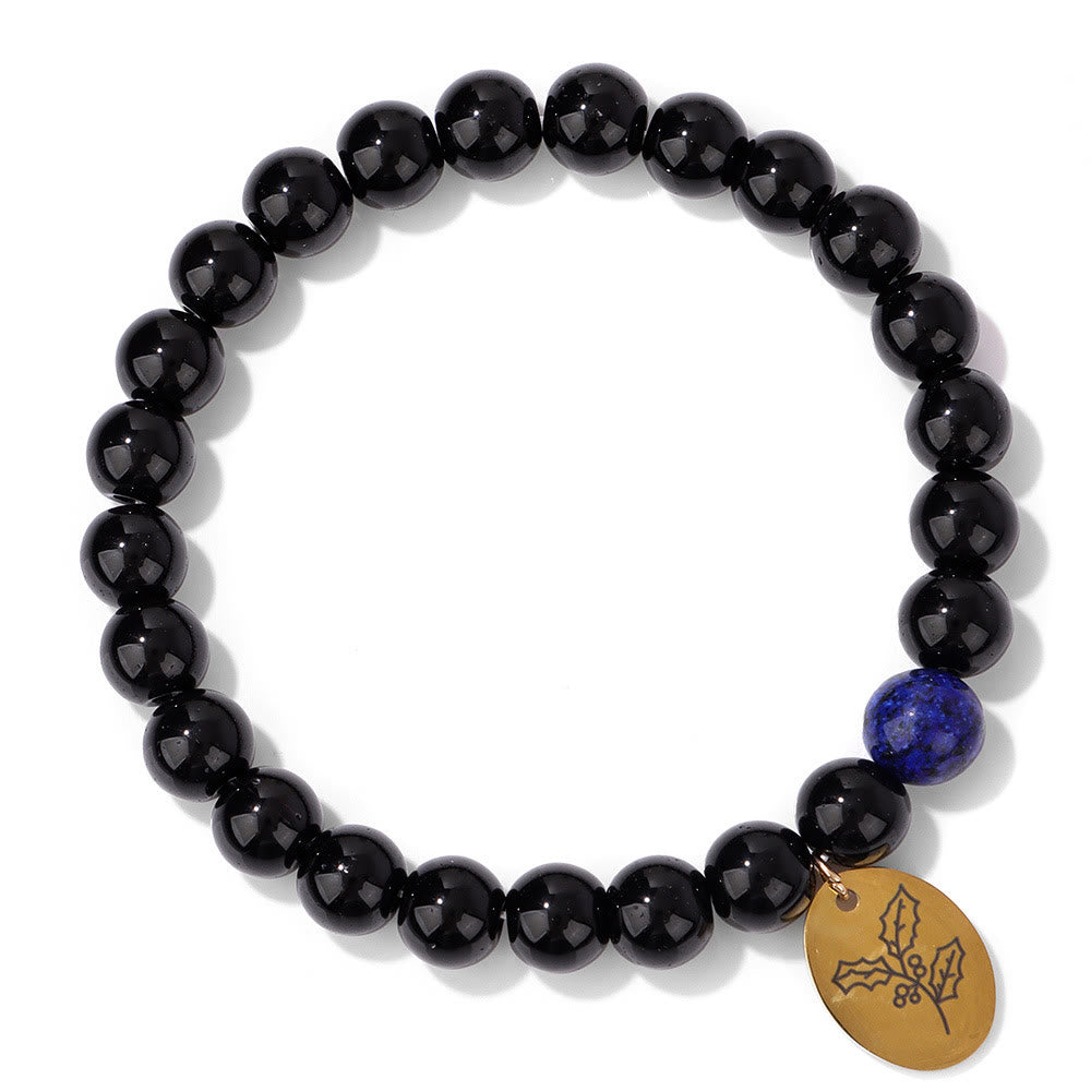 Olivenorma 8mm Obsidian Beaded Birth Flower Metal Bracelet