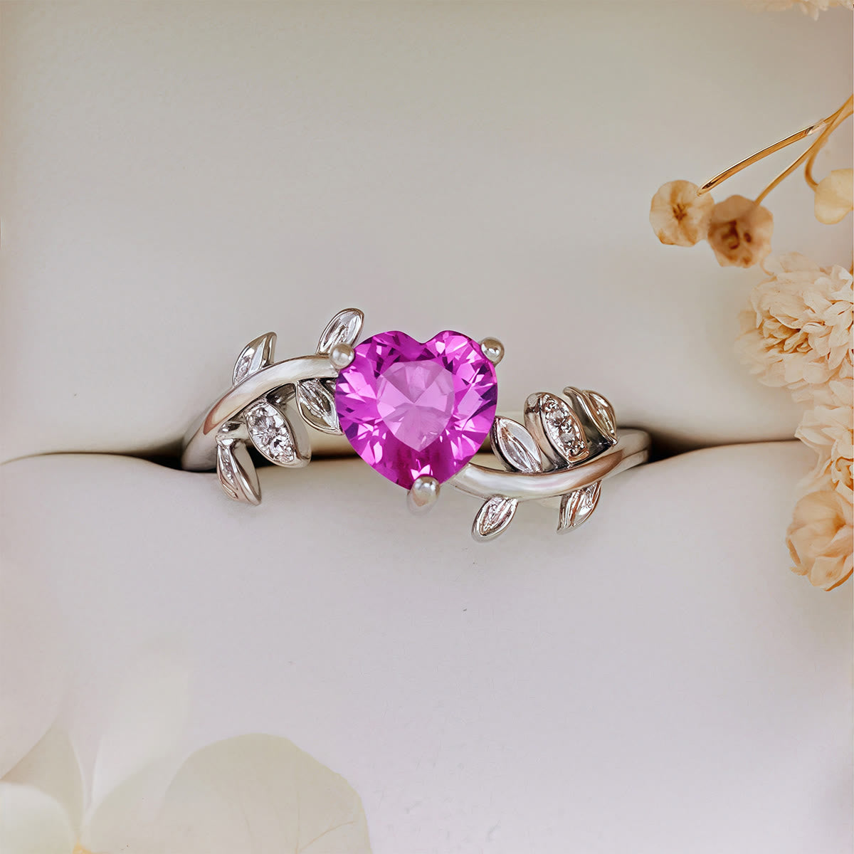Olivenorma Heart Cut Red Corundum Twisted Leaf Ring