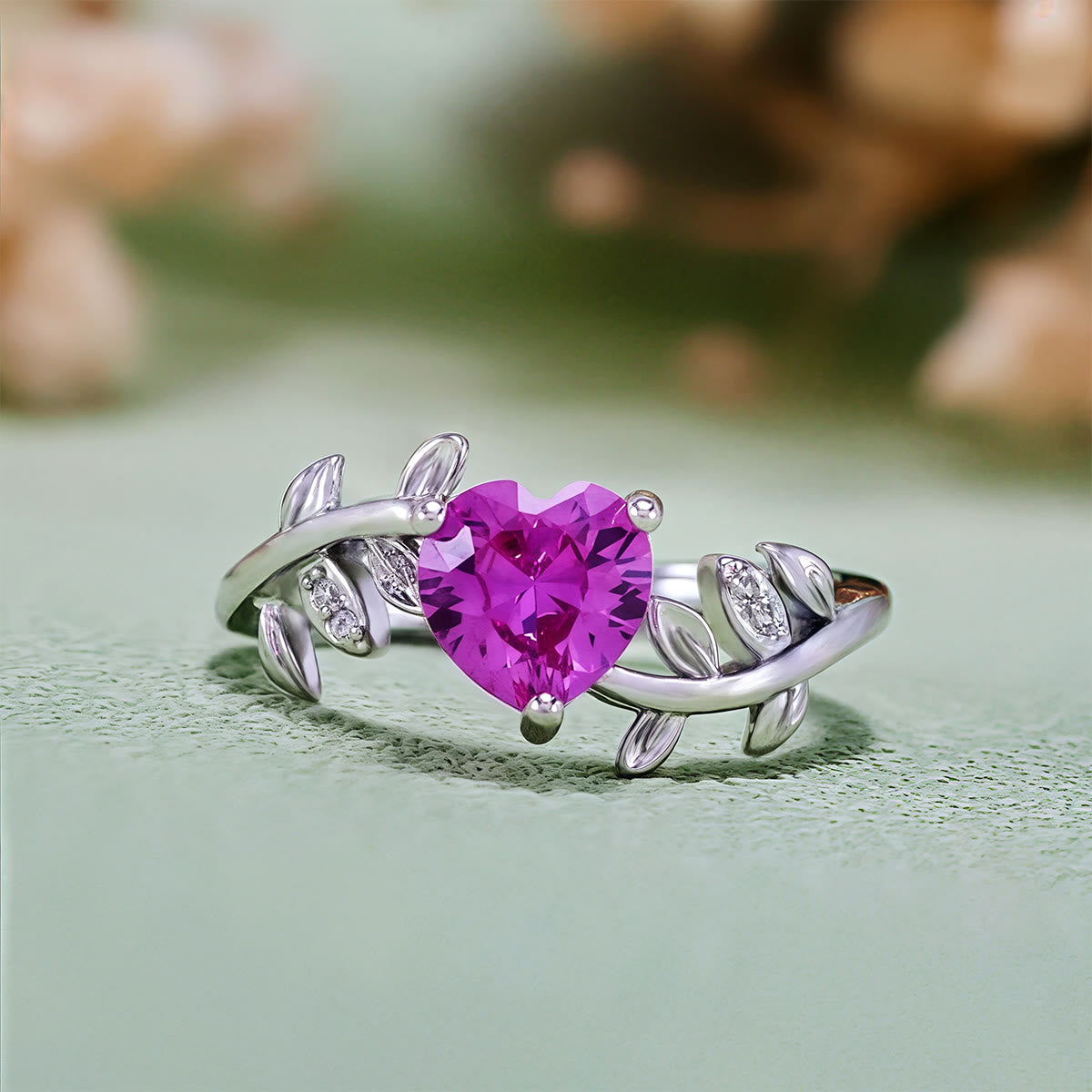 Olivenorma Heart Cut Red Corundum Twisted Leaf Ring