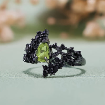 Olivenorma Pear Cut Peridot Obsidian Leaf Vine Ring