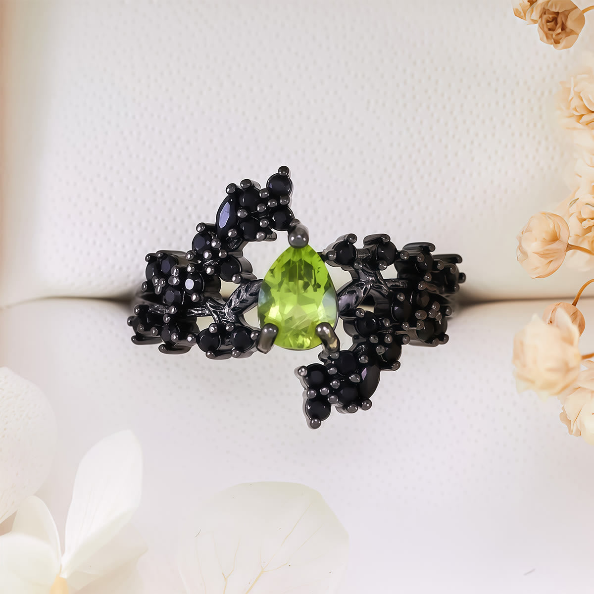 Olivenorma Pear Cut Peridot Obsidian Leaf Vine Ring