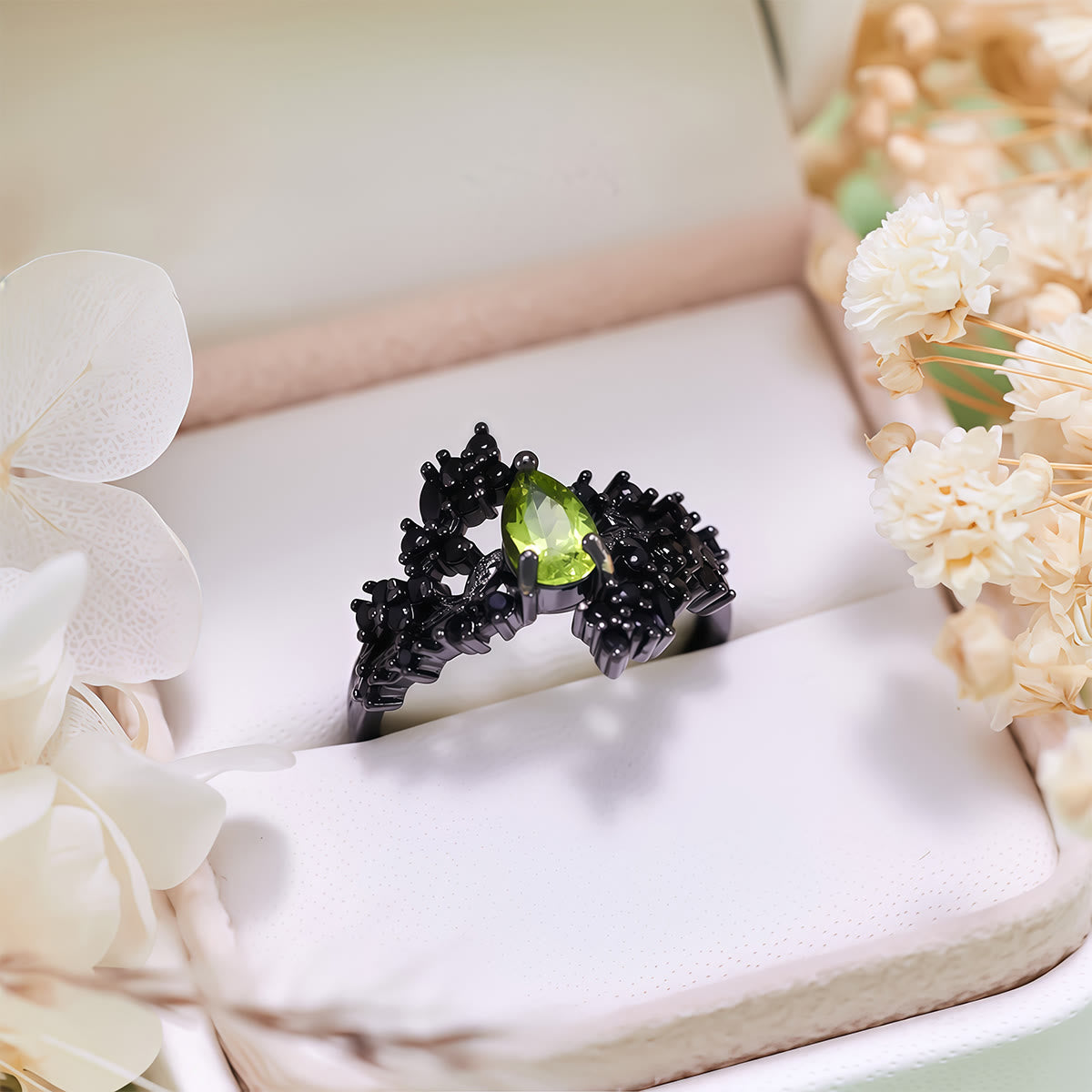 Olivenorma Pear Cut Peridot Obsidian Leaf Vine Ring