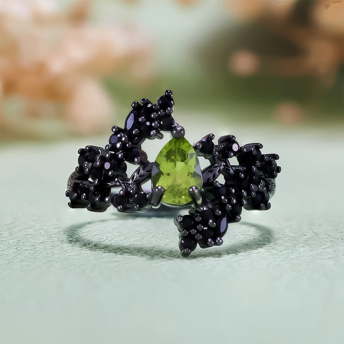 Olivenorma Pear Cut Peridot Obsidian Leaf Vine Ring