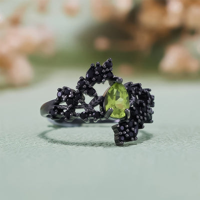 Olivenorma Pear Cut Peridot Obsidian Leaf Vine Ring