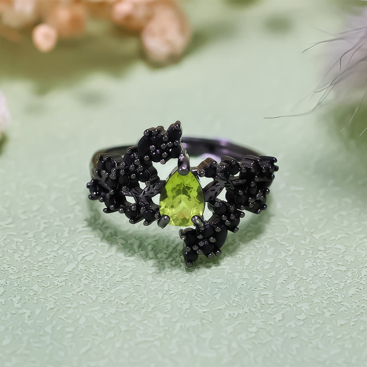 Olivenorma Pear Cut Peridot Obsidian Leaf Vine Ring