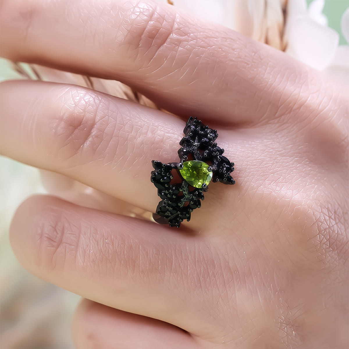 Olivenorma Pear Cut Peridot Obsidian Leaf Vine Ring