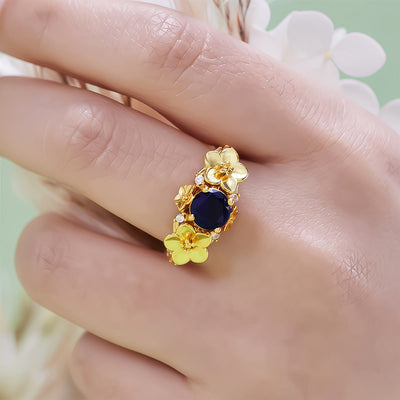 Olivenorma"Blooming Flowers" Sapphire Obsidian White Zircon Ring